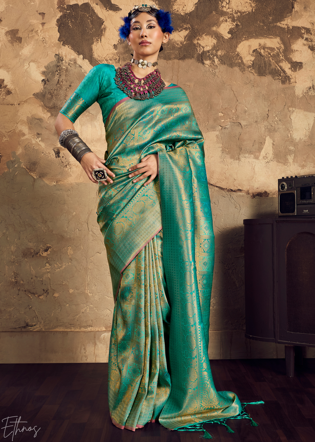Peacock Teal Traditional Brocade Silk Saree