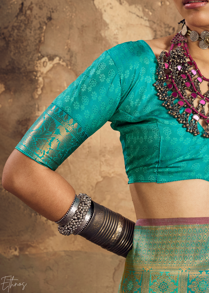 Peacock Teal Traditional Brocade Silk Saree