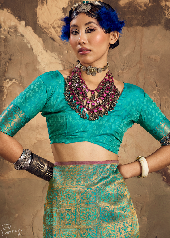 Peacock Teal Traditional Brocade Silk Saree