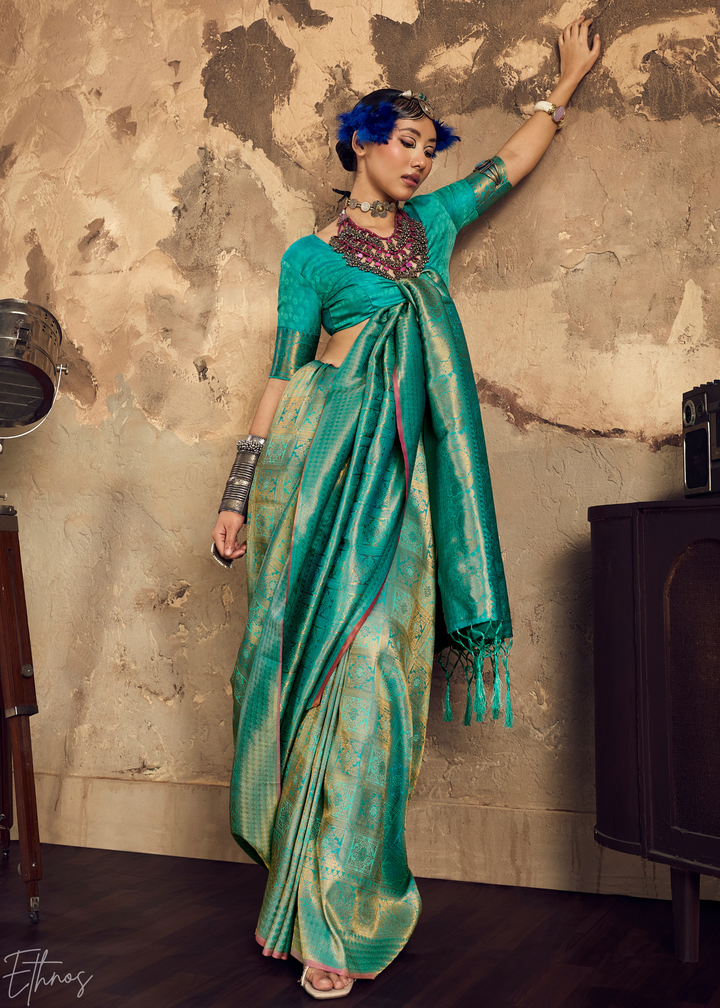 Peacock Teal Traditional Brocade Silk Saree