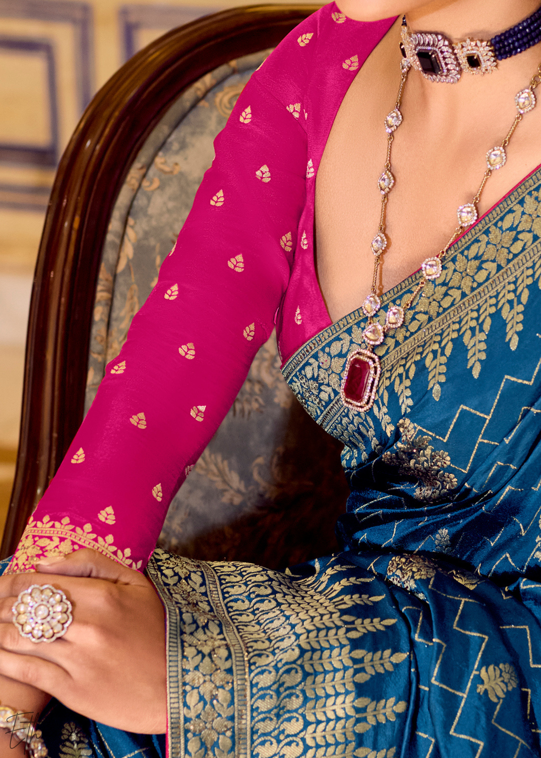 Peacock Blue Zari Crepe Silk Saree