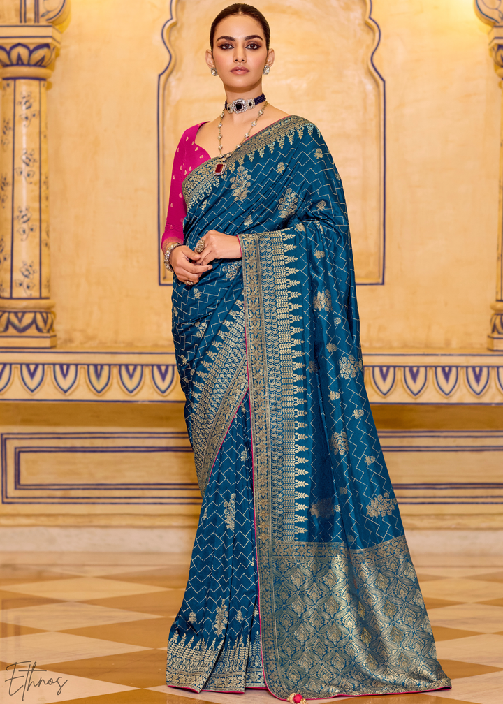 Peacock Blue Zari Crepe Silk Saree
