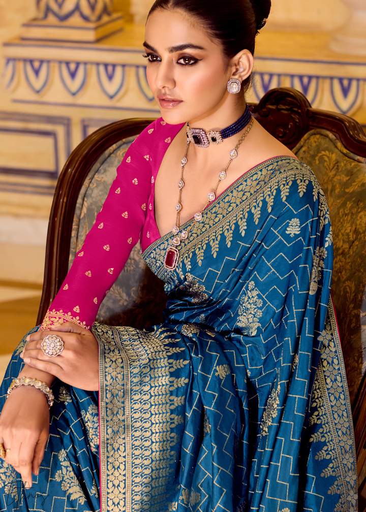 Peacock Blue Zari Crepe Silk Saree