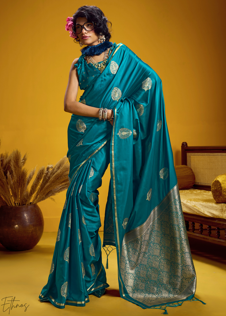 Peacock Teal Gold-Infused Jacquard Satin Silk Saree