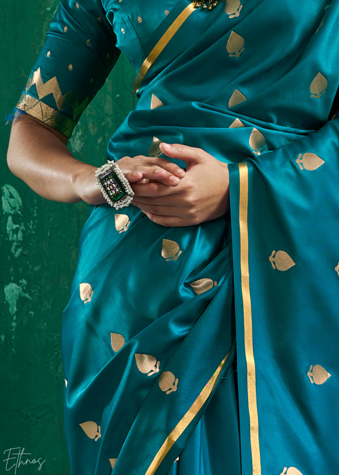 Peacock Teal Leheriya Chevron Satin Saree