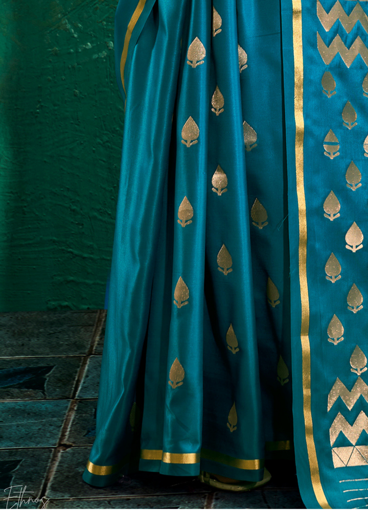 Peacock Teal Leheriya Chevron Satin Saree