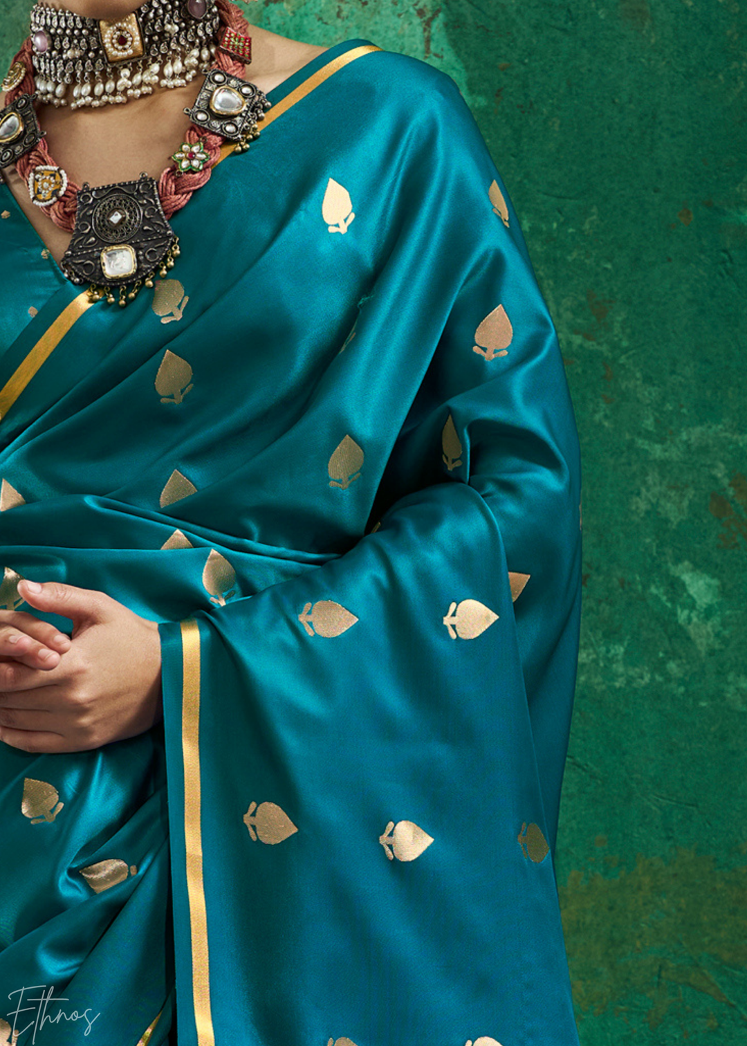 Peacock Teal Leheriya Chevron Satin Saree