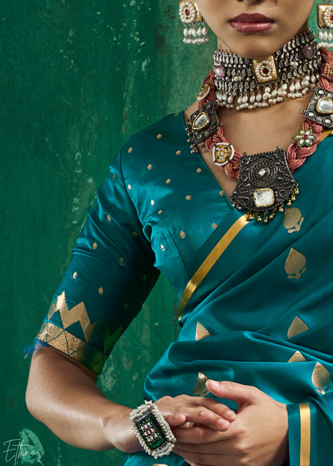 Peacock Teal Leheriya Chevron Satin Saree