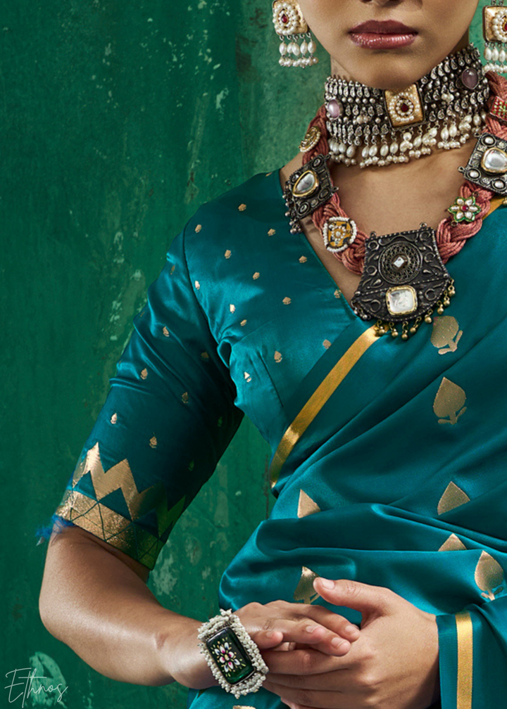 Peacock Teal Leheriya Chevron Satin Saree
