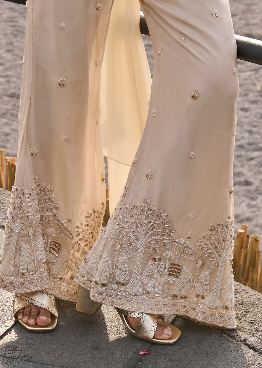 Pearl Cream Beaded Chinon Crop Top Palazzo Set