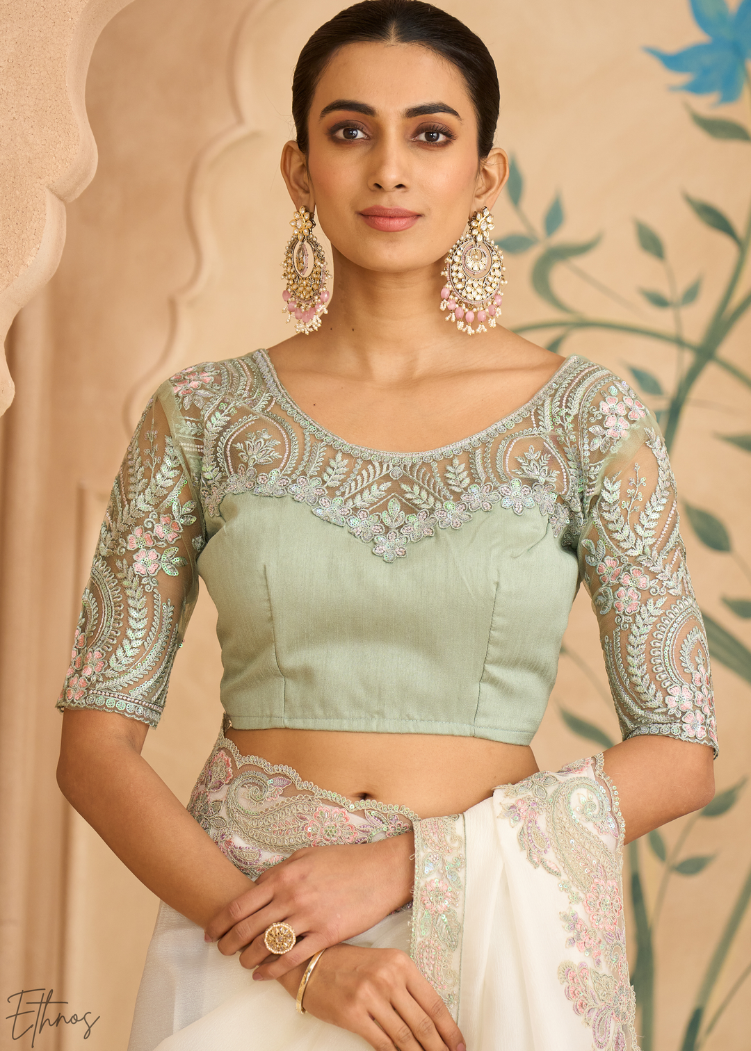 Pearl Ivory Gradient Majestic Satin Saree