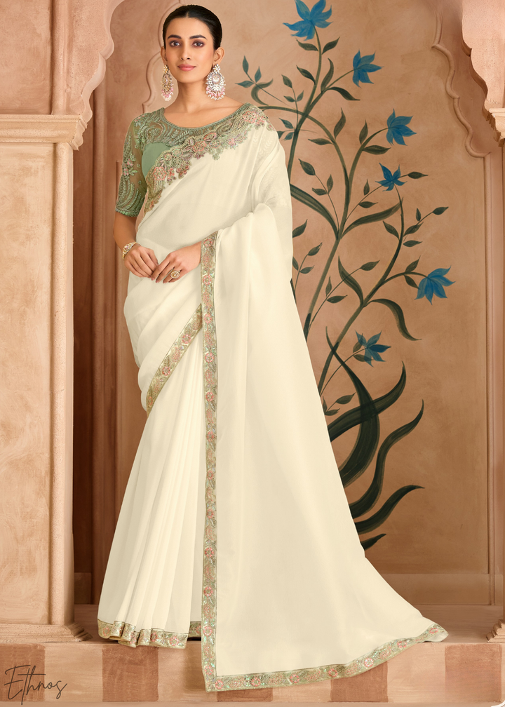 Pearl Ivory Gradient Majestic Satin Saree