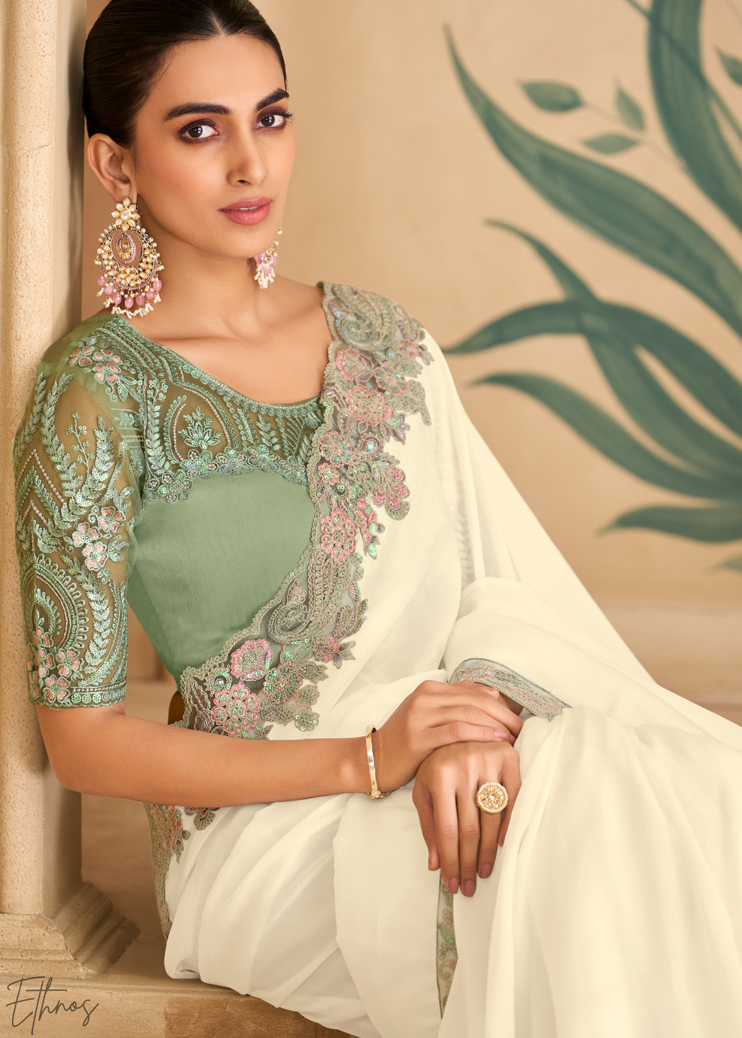 Pearl Ivory Gradient Majestic Satin Saree