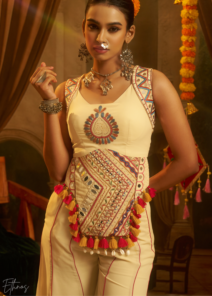 Pearl Medallion Embroidered Georgette Palazzo Suit