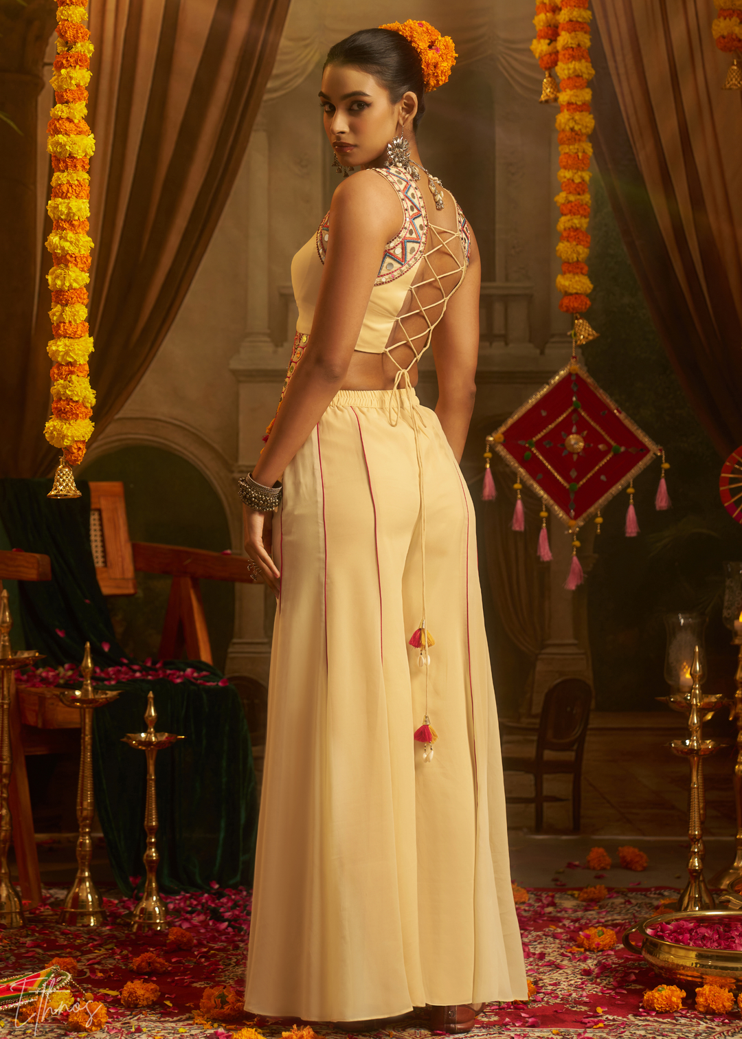 Pearl Medallion Embroidered Georgette Palazzo Suit