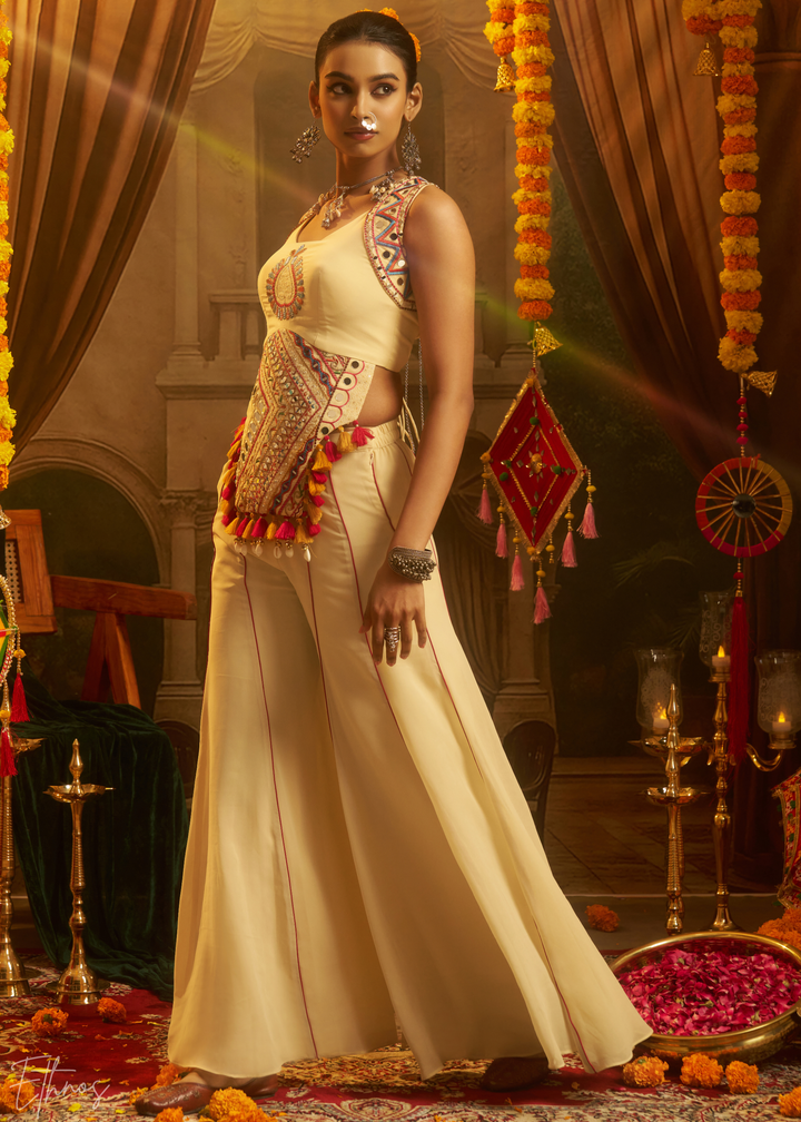 Pearl Medallion Embroidered Georgette Palazzo Suit