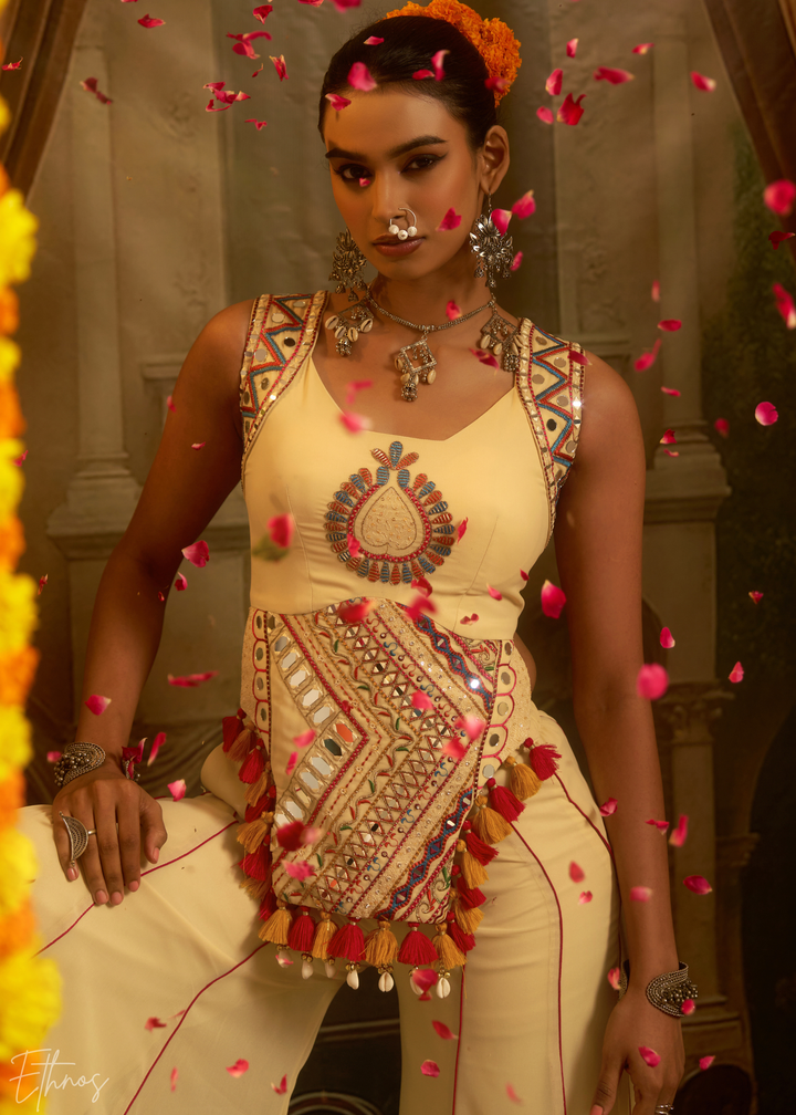 Pearl Medallion Embroidered Georgette Palazzo Suit