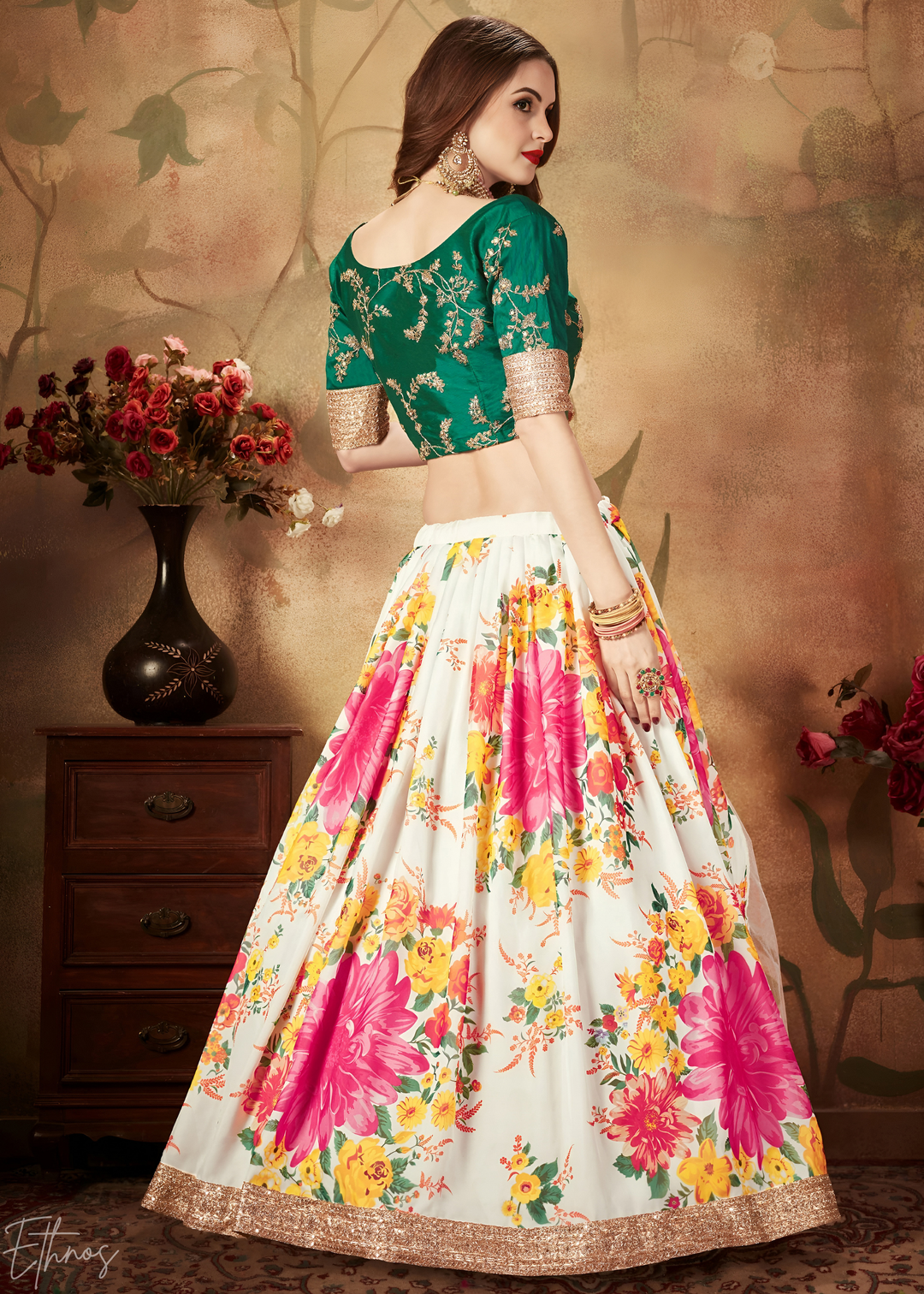 Pearl Multicolor Garden Floral Printed Organza Lehenga