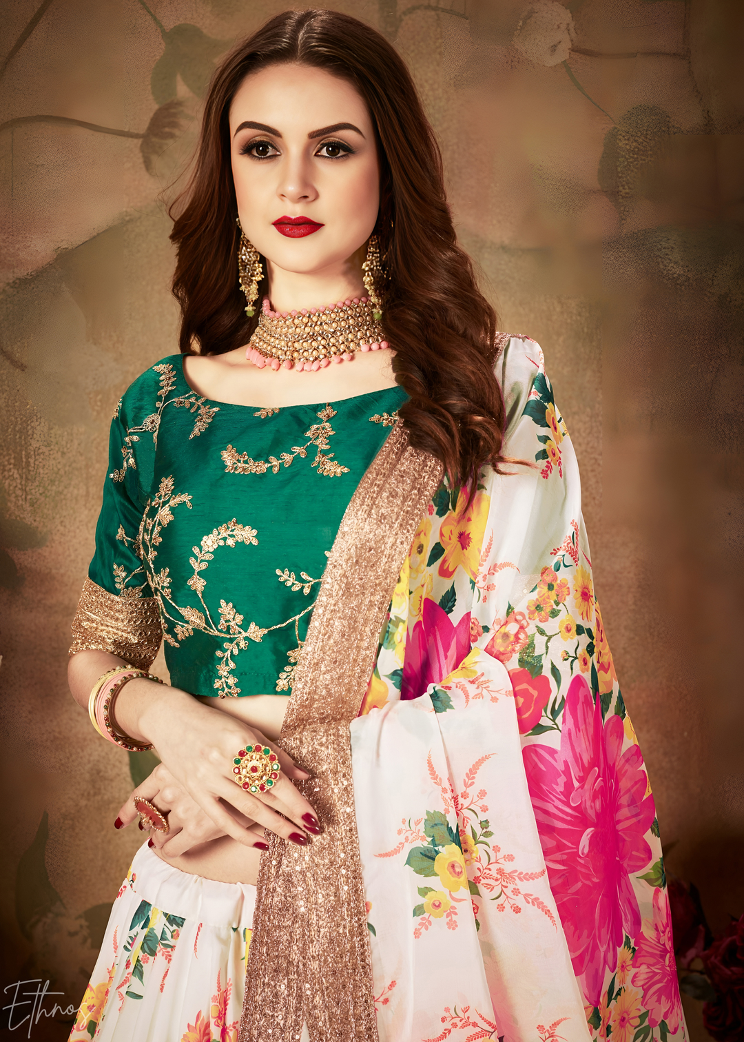 Pearl Multicolor Garden Floral Printed Organza Lehenga