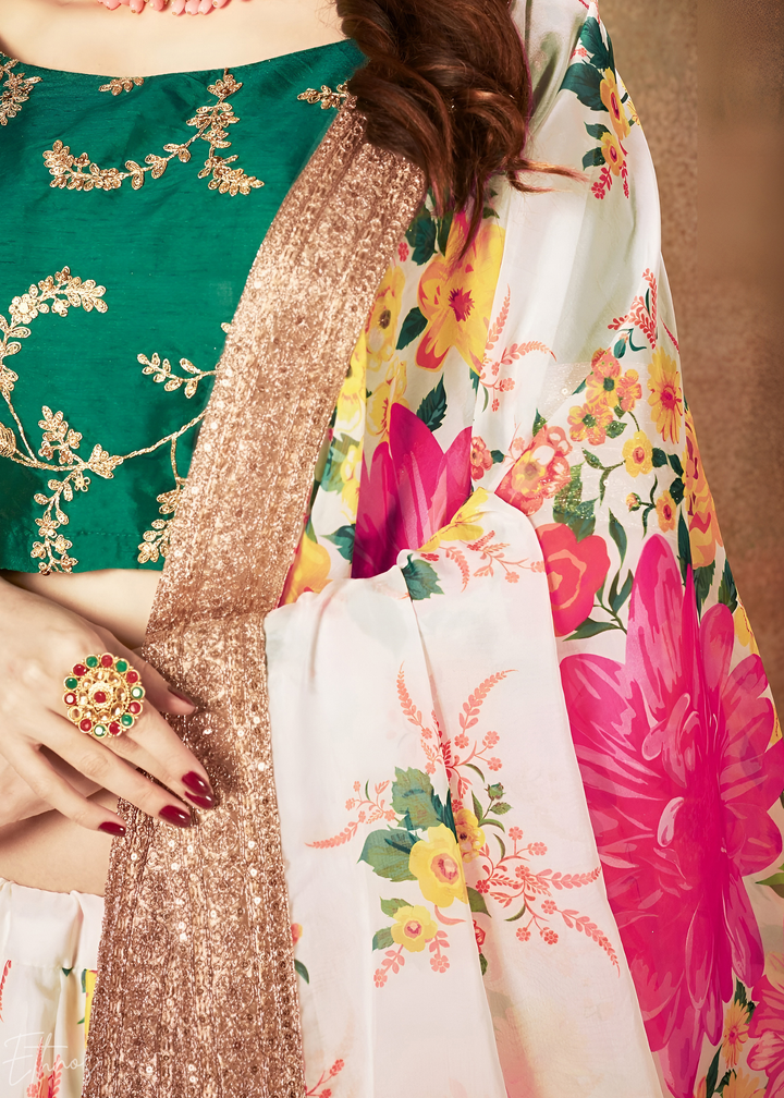 Pearl Multicolor Garden Floral Printed Organza Lehenga