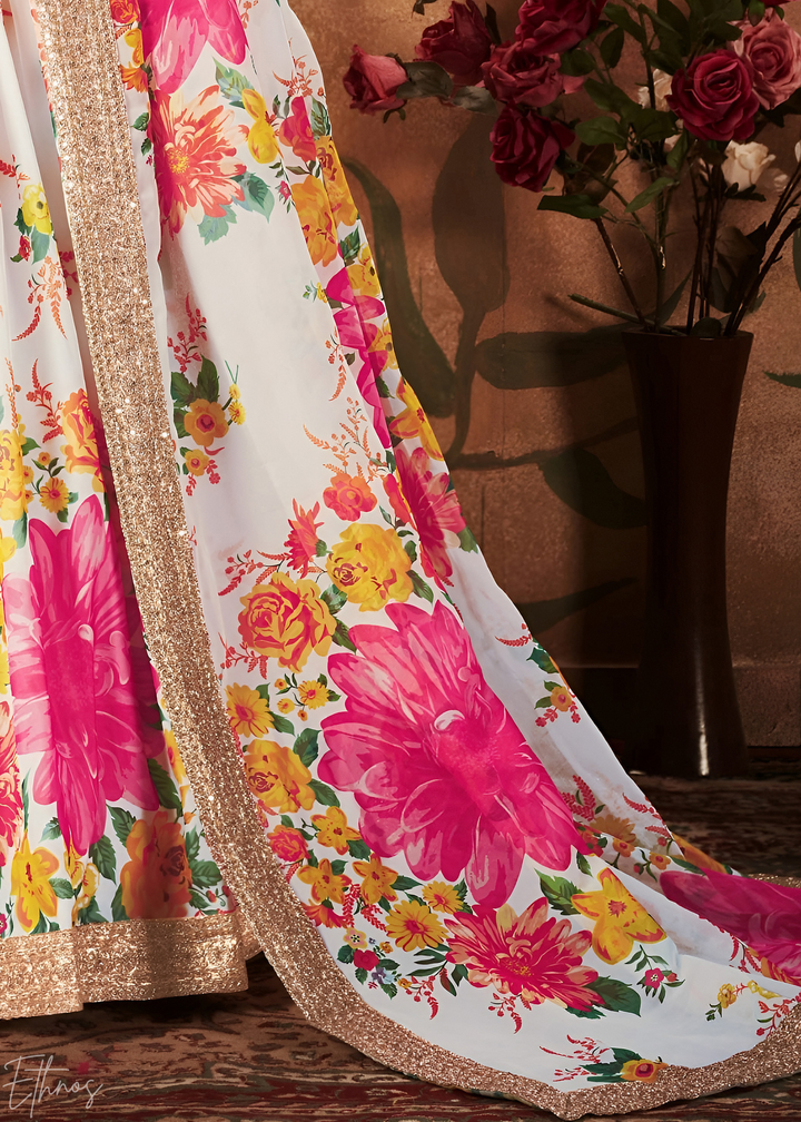 Pearl Multicolor Garden Floral Printed Organza Lehenga