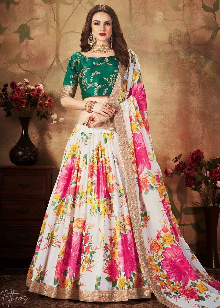 Pearl Multicolor Garden Floral Printed Organza Lehenga