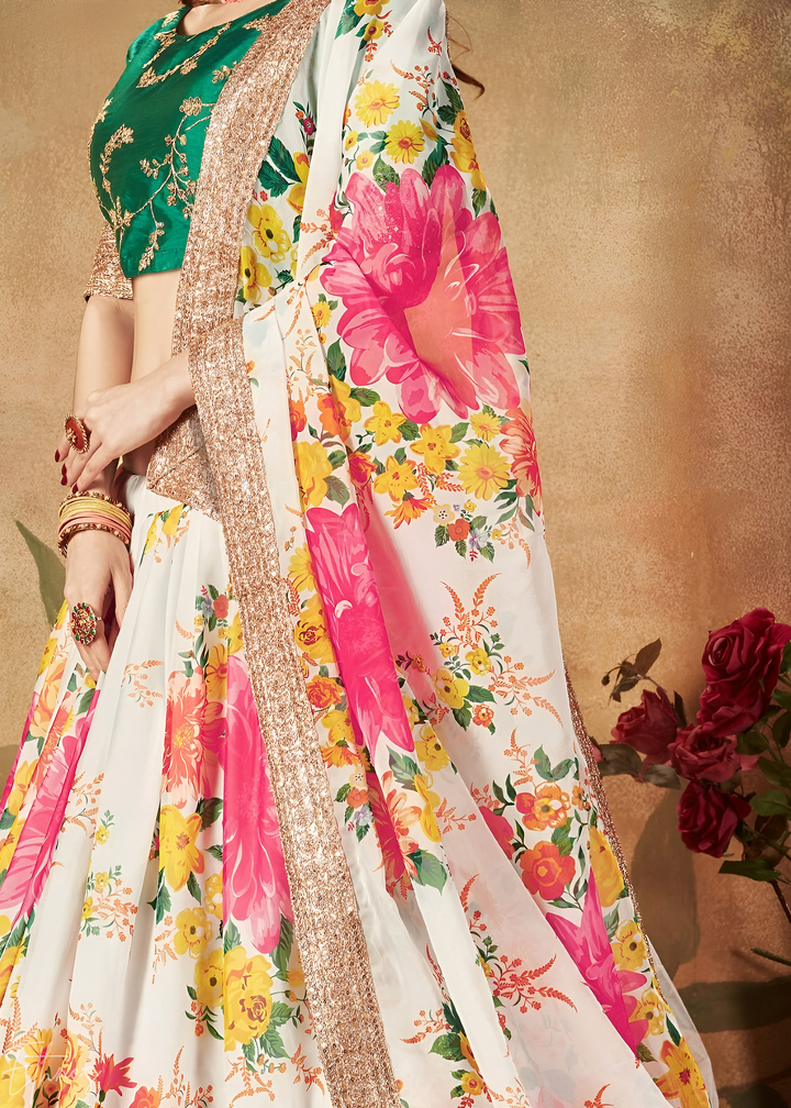 Pearl Multicolor Garden Floral Printed Organza Lehenga