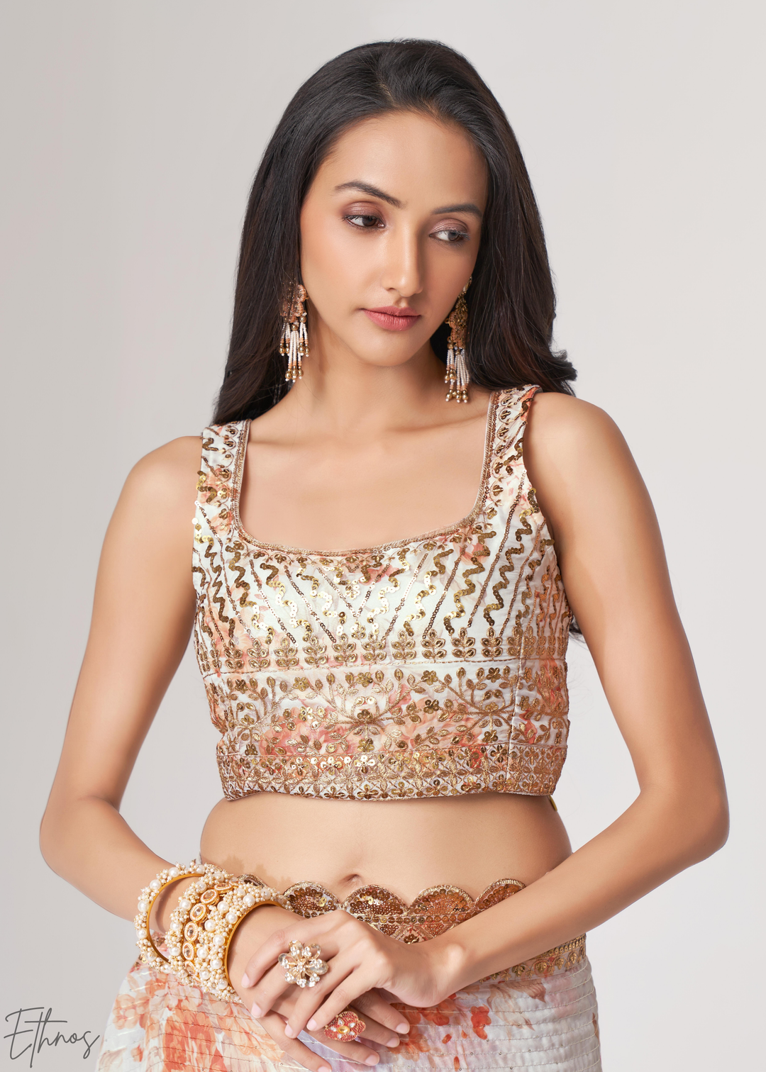 Pearl White Rose Floral Print Organza Saree