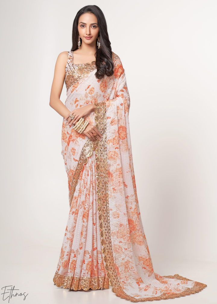 Pearl White Rose Floral Print Organza Saree
