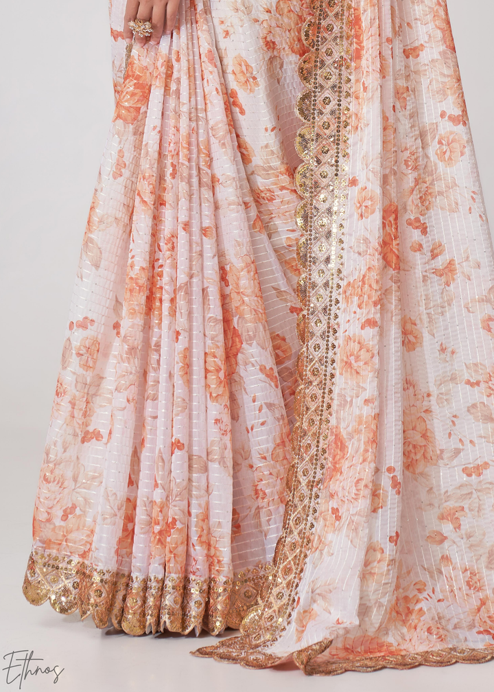Pearl White Rose Floral Print Organza Saree