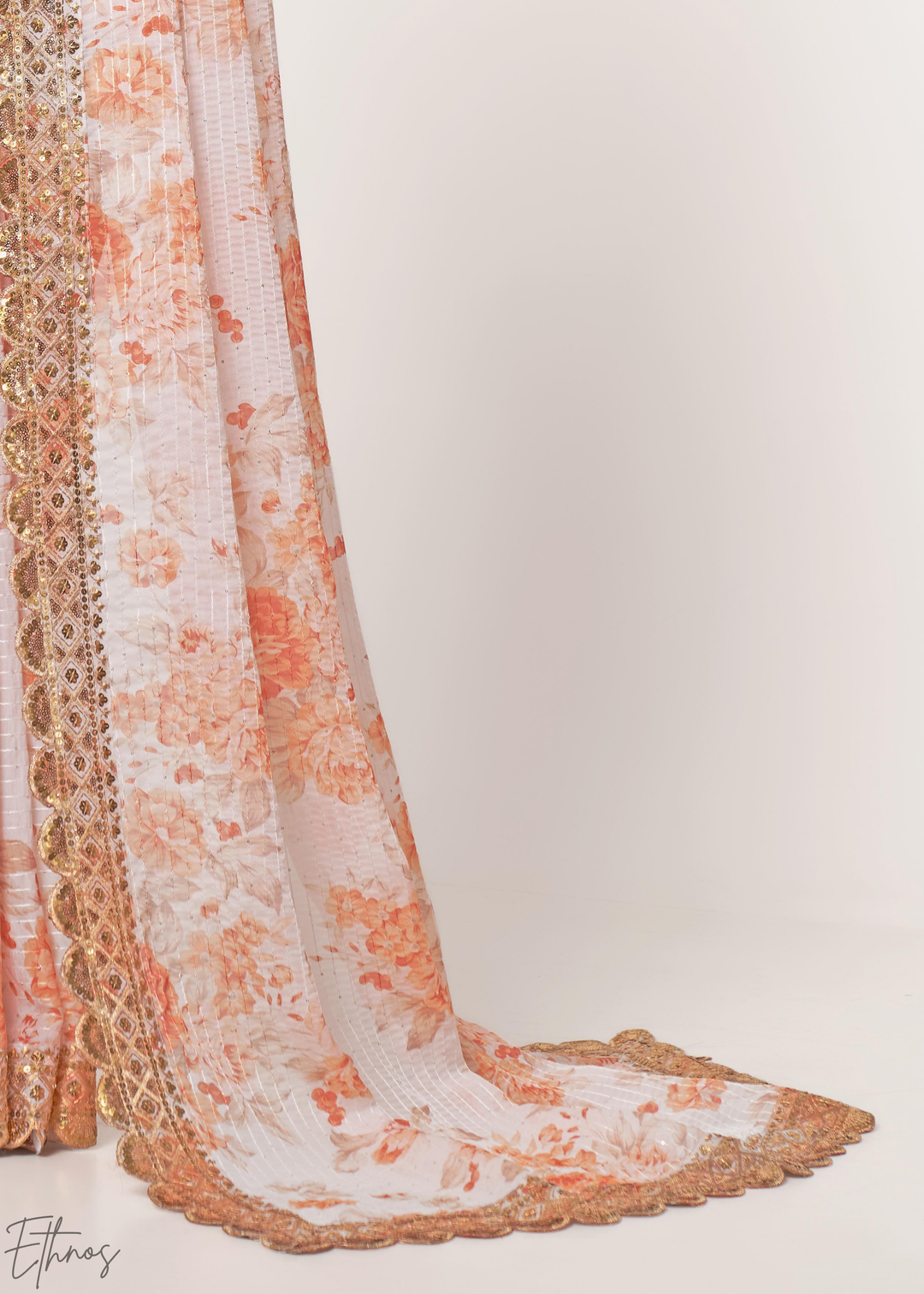 Pearl White Rose Floral Print Organza Saree