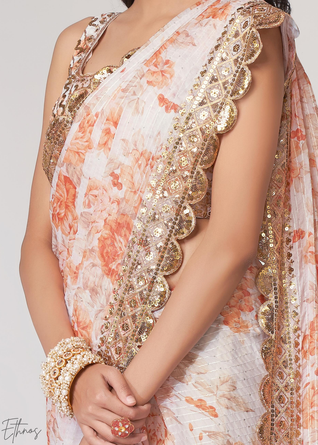 Pearl White Rose Floral Print Organza Saree