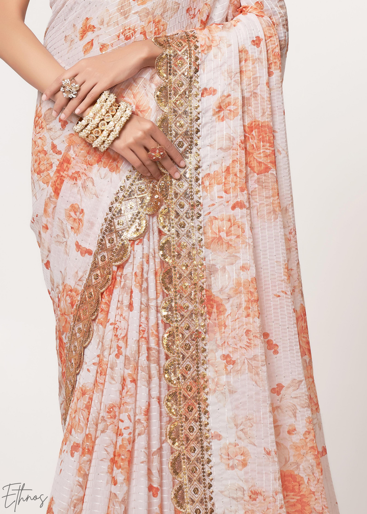 Pearl White Rose Floral Print Organza Saree