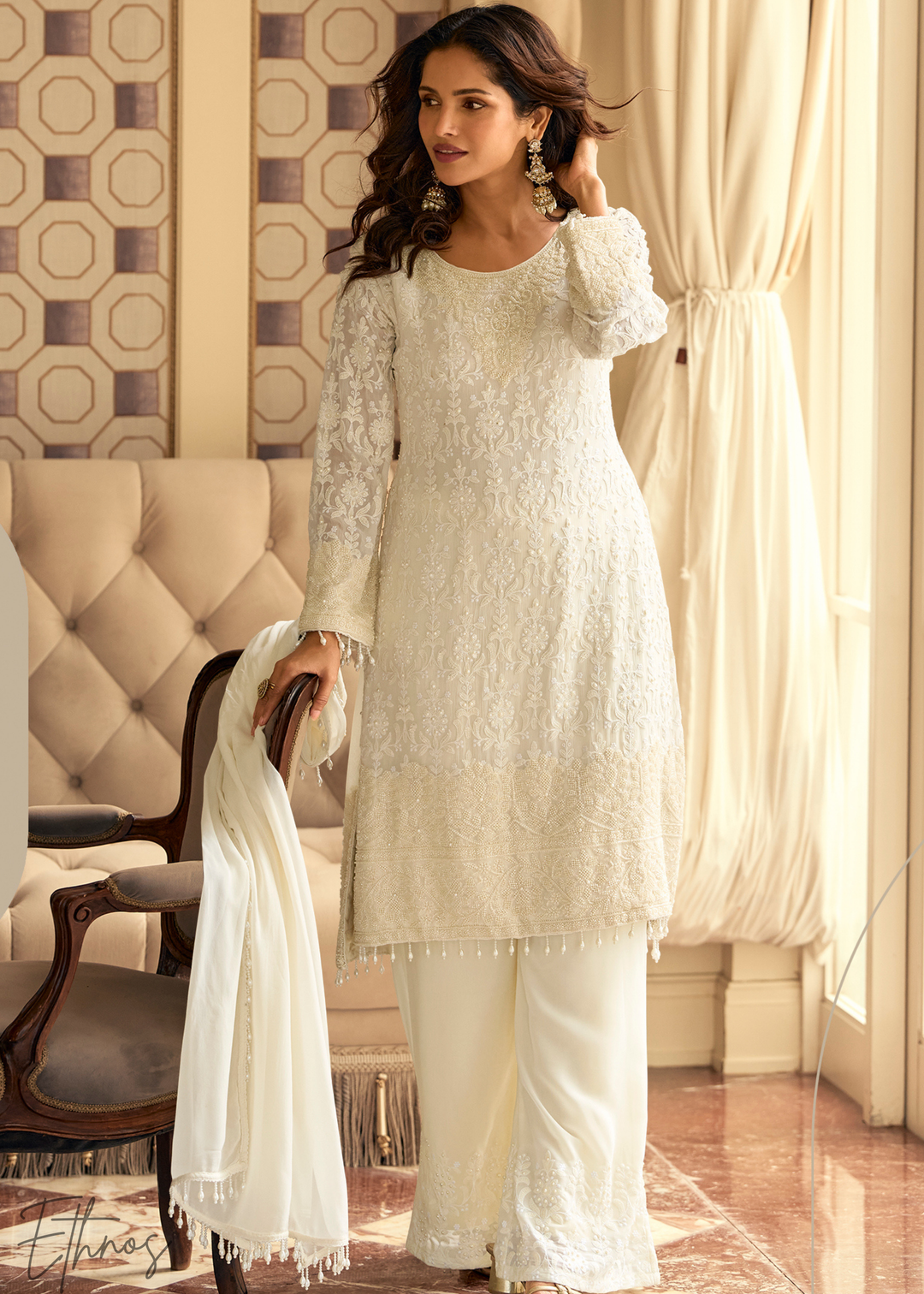 Pearl White Georgette Palazzo Salwar Suit