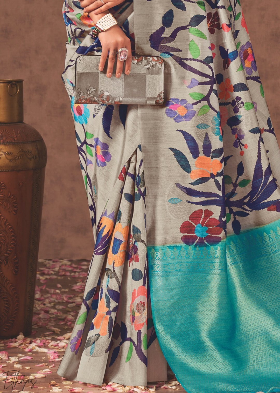 Pebble Grey & Turquoise Garden Jacquard Cotton Saree