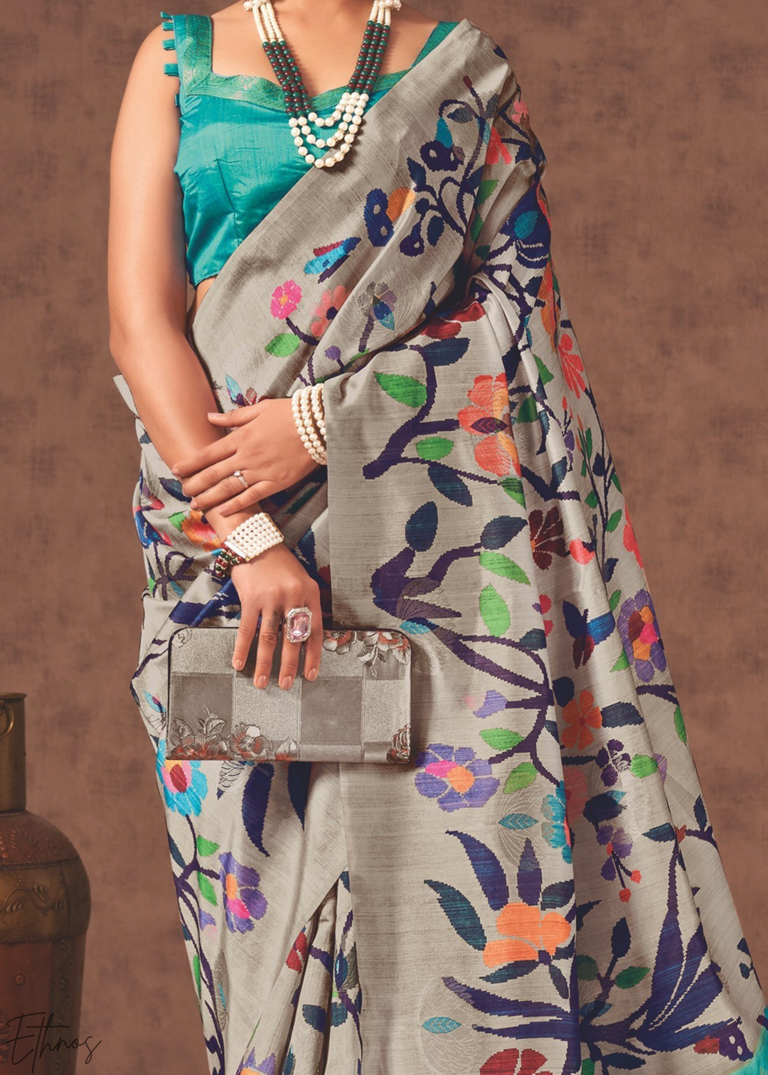 Pebble Grey & Turquoise Garden Jacquard Cotton Saree