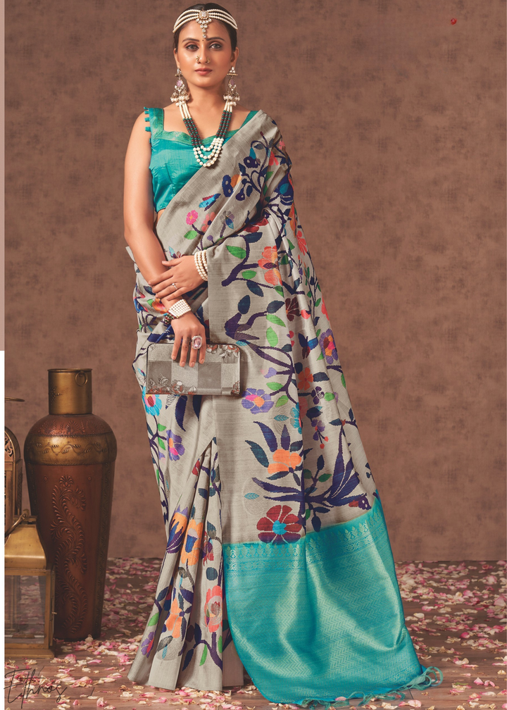 Pebble Grey & Turquoise Garden Jacquard Cotton Saree