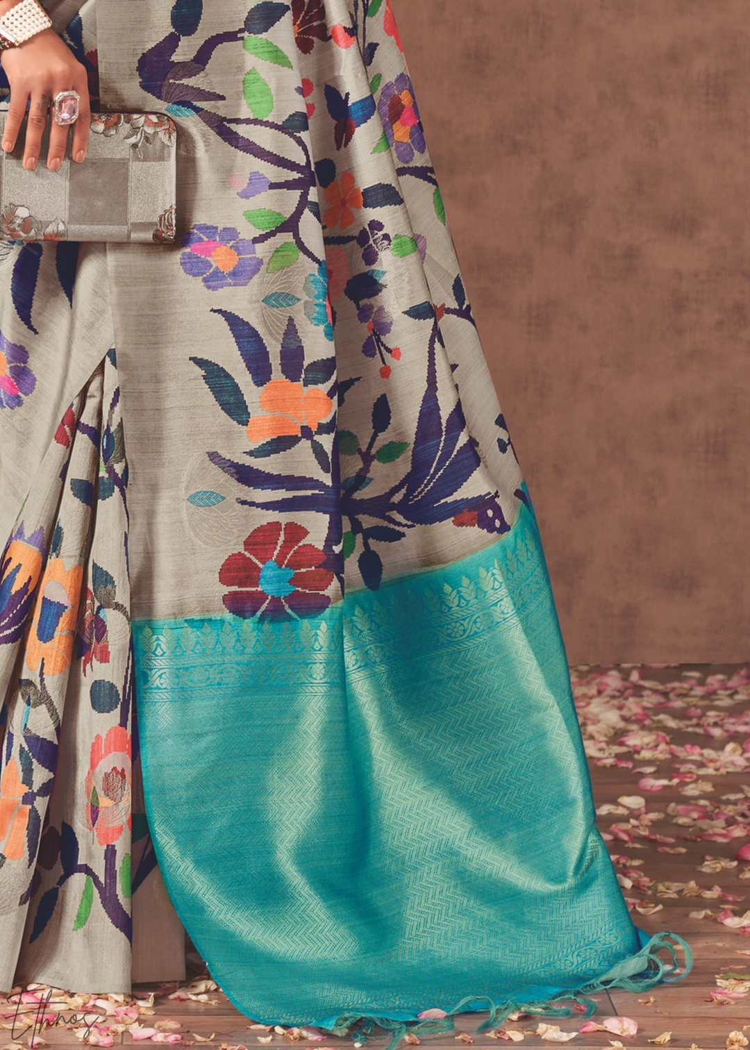 Pebble Grey & Turquoise Garden Jacquard Cotton Saree