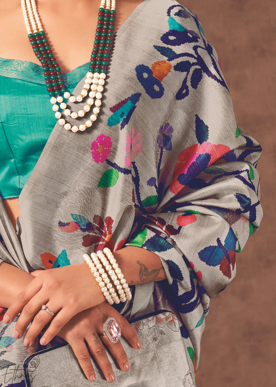 Pebble Grey & Turquoise Garden Jacquard Cotton Saree
