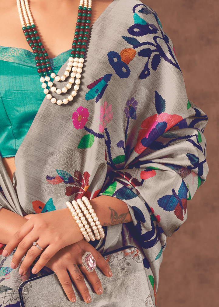Pebble Grey & Turquoise Garden Jacquard Cotton Saree