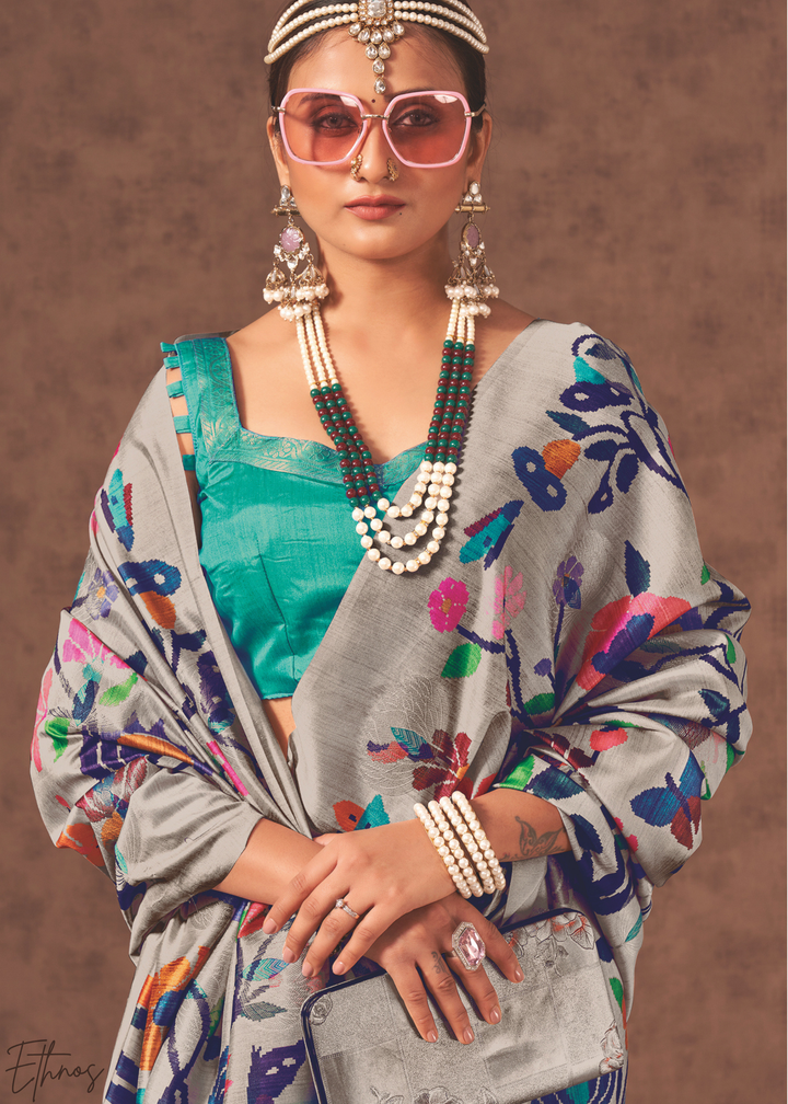 Pebble Grey & Turquoise Garden Jacquard Cotton Saree
