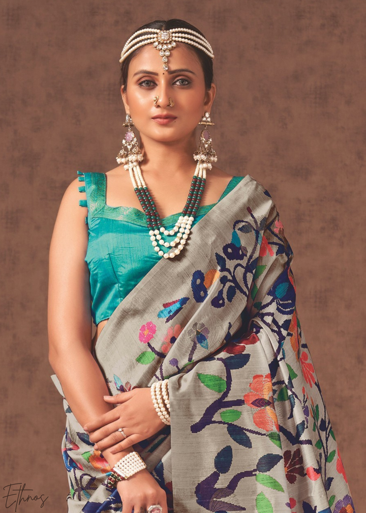 Pebble Grey & Turquoise Garden Jacquard Cotton Saree