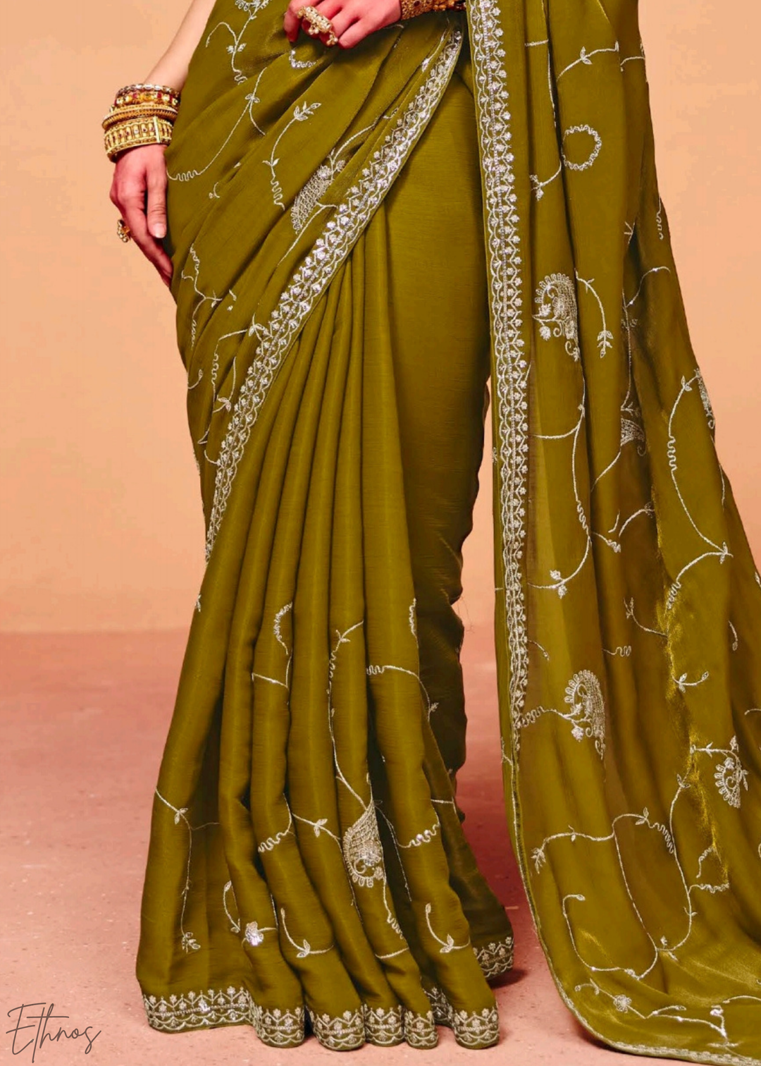 Peridot Meadow-Mist Tissue Silk Saree