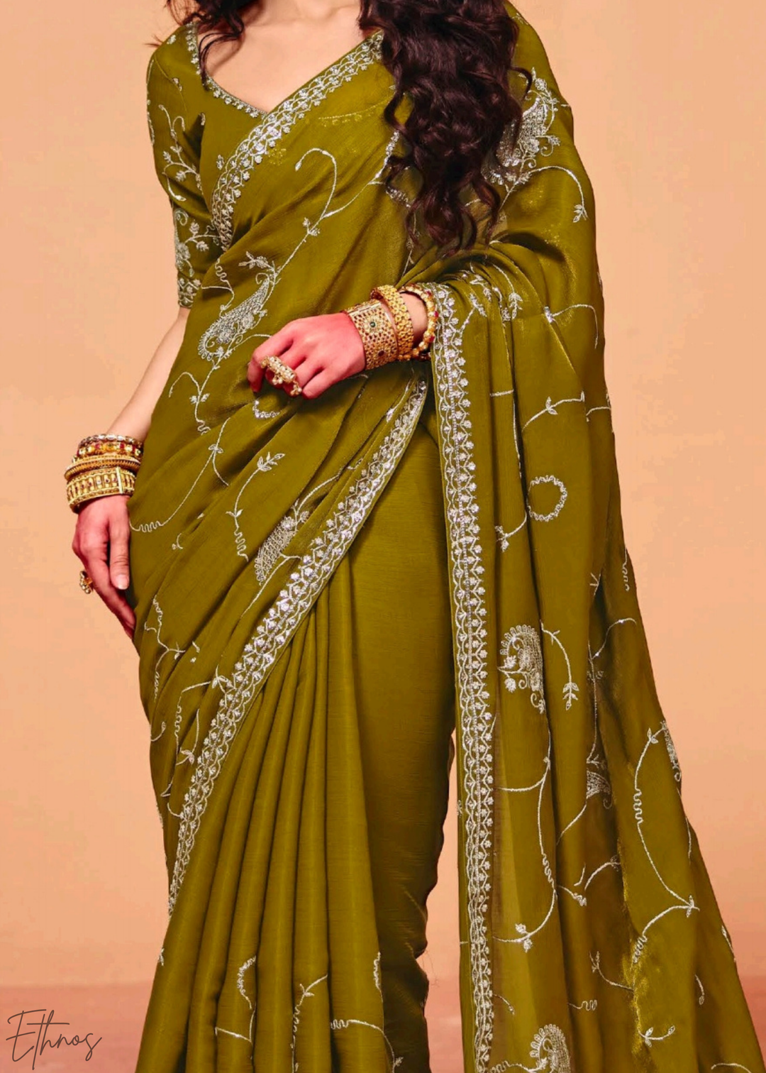 Peridot Meadow-Mist Tissue Silk Saree