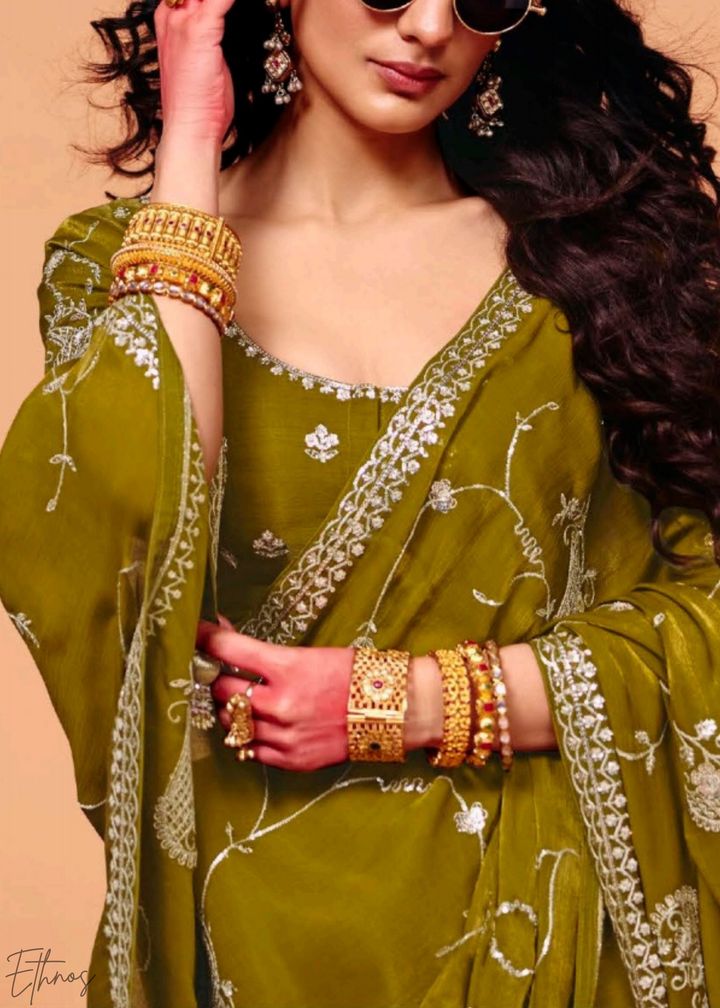 Peridot Meadow-Mist Tissue Silk Saree