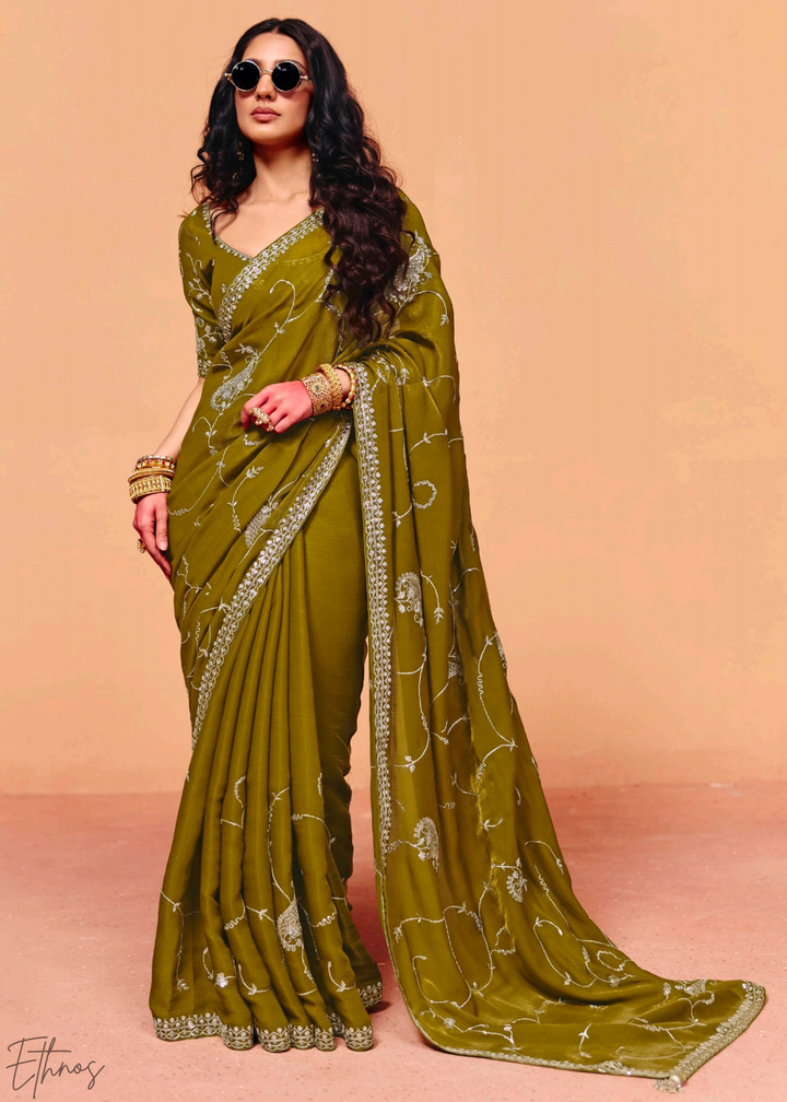 Peridot Meadow-Mist Tissue Silk Saree