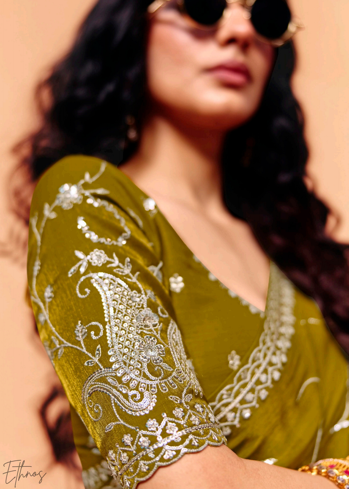 Peridot Meadow-Mist Tissue Silk Saree