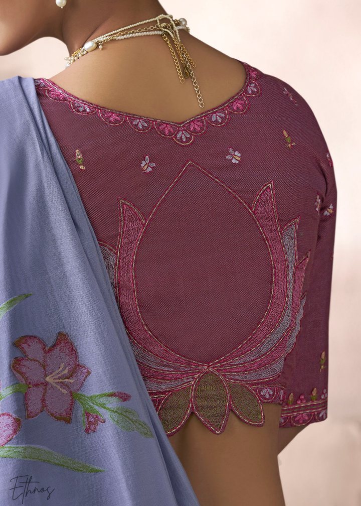 Periwinkle Lavender Meadow Flora Viscose Silk Saree