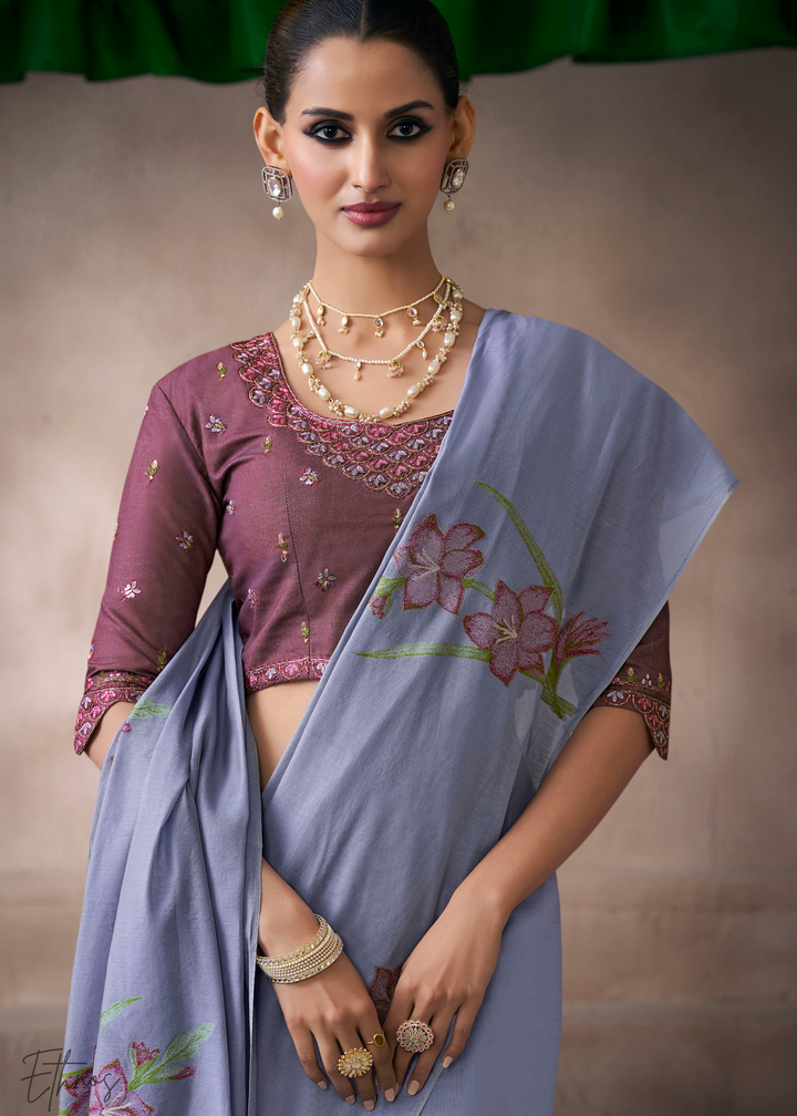 Periwinkle Lavender Meadow Flora Viscose Silk Saree