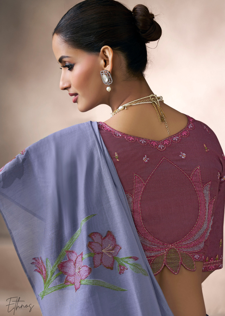 Periwinkle Lavender Meadow Flora Viscose Silk Saree